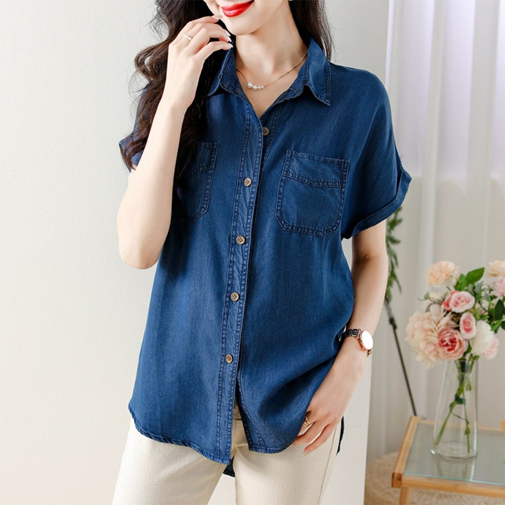 Women's Casual Button Down Denim Blouse Pockets Short Sleeve - Picture 4 of 4